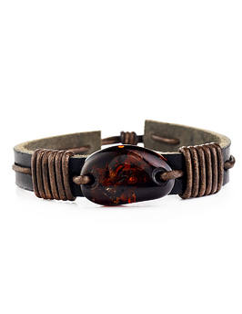 Стильный кожаный браслет с натуральным янтарём «Копакабана»