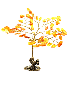 Дерево из натурального янтаря золотисто-коньячного цвета на латунной подставке с фигуркой петушка