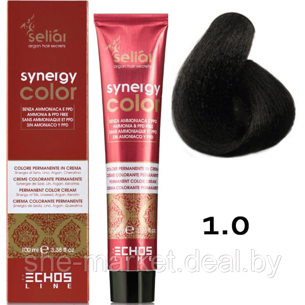 Безаммиачная краска для волос SELIAR SYNERGY COLOR 1.0 BLACK Интенсивный черный (Echosline) - фото 1 - id-p108585831