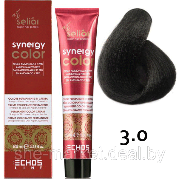 Безаммиачная краска для волос SELIAR SYNERGY COLOR 3.0 DARK CHESTNUT Интенсивный темно-каштановый (Echosline) - фото 1 - id-p108585841
