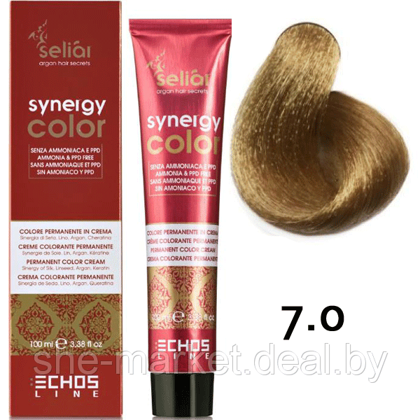 Безаммиачная краска для волос SELIAR SYNERGY COLOR 7.0 BLONDE Интенсивный русый (Echosline) - фото 1 - id-p108585868