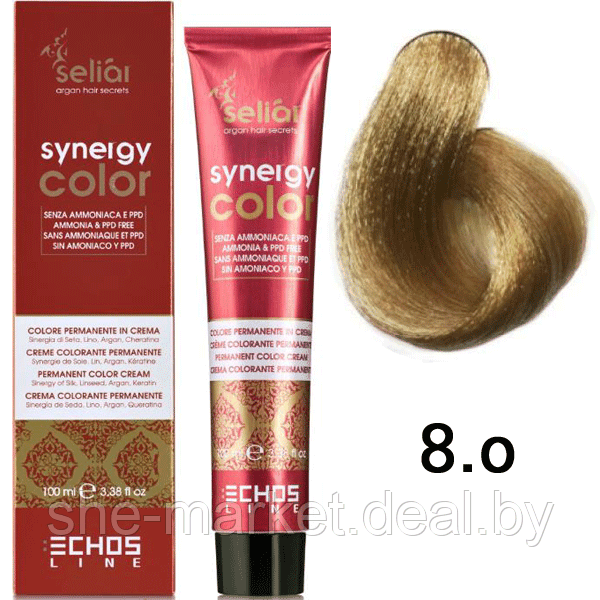 Безаммиачная краска для волос SELIAR SYNERGY COLOR 8.0 LIGHT BLONDE Интенсивный светло-русый (Echosline) - фото 1 - id-p108585878