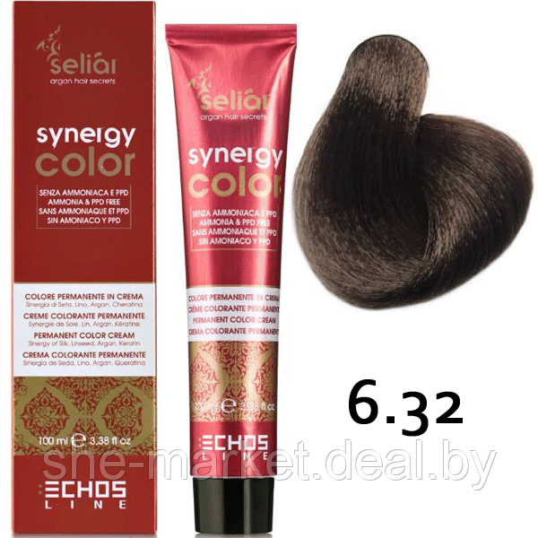 Безаммиачная краска для волос SELIAR SYNERGY COLOR 6.32 DARK BLONDE BEIGE Бежевый темно-русый (Echosline) - фото 1 - id-p108585861