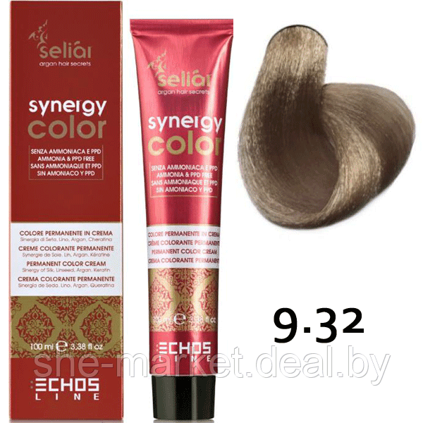 Безаммиачная краска для волос SELIAR SYNERGY COLOR 9.32 VERY LIGHT BLONDE BEIGE Бежевый очень светлый блондин - фото 1 - id-p108585890