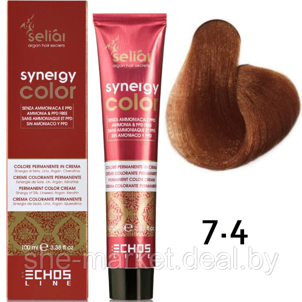 Безаммиачная краска для волос SELIAR SYNERGY COLOR 7.4 Blonde Copper Медный блондин (Echosline) - фото 1 - id-p108585874