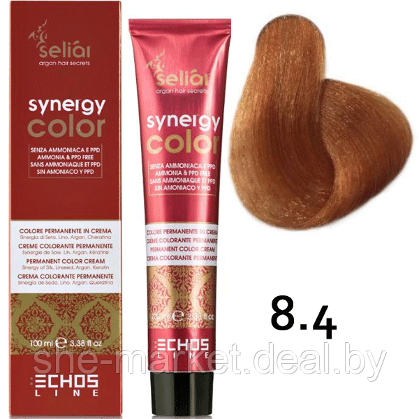 Безаммиачная краска для волос SELIAR SYNERGY COLOR 8.4 Light Blonde Copper Медный светлый блондин (Echosline) - фото 1 - id-p108585884