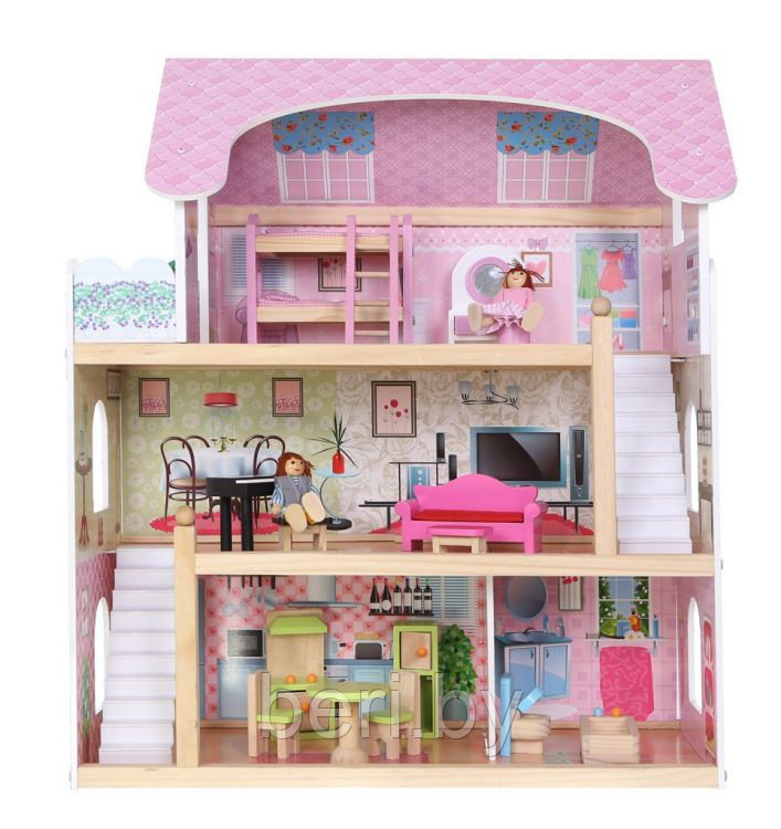 4110 Дом для кукол 3 этажа, деревянный с мебелью, кукольный домик ECO TOYS Bajkowa - фото 2 - id-p108686101