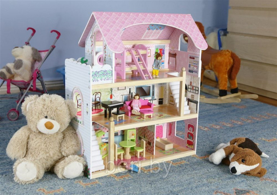 4110 Дом для кукол 3 этажа, деревянный с мебелью, кукольный домик ECO TOYS Bajkowa - фото 8 - id-p108686101