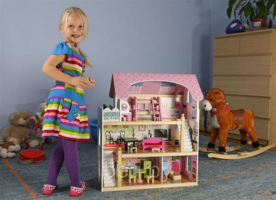 4110 Дом для кукол 3 этажа, деревянный с мебелью, кукольный домик ECO TOYS Bajkowa - фото 7 - id-p108686101
