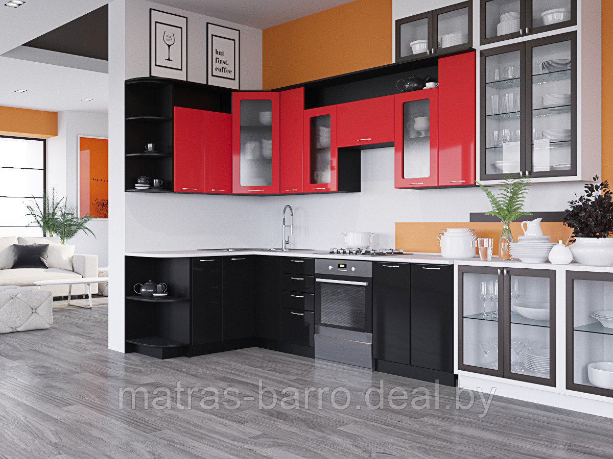 Угловая кухня Виола 2.6х1.5 м МДФ черный/красный (со стеклом) - фото 1 - id-p108918535