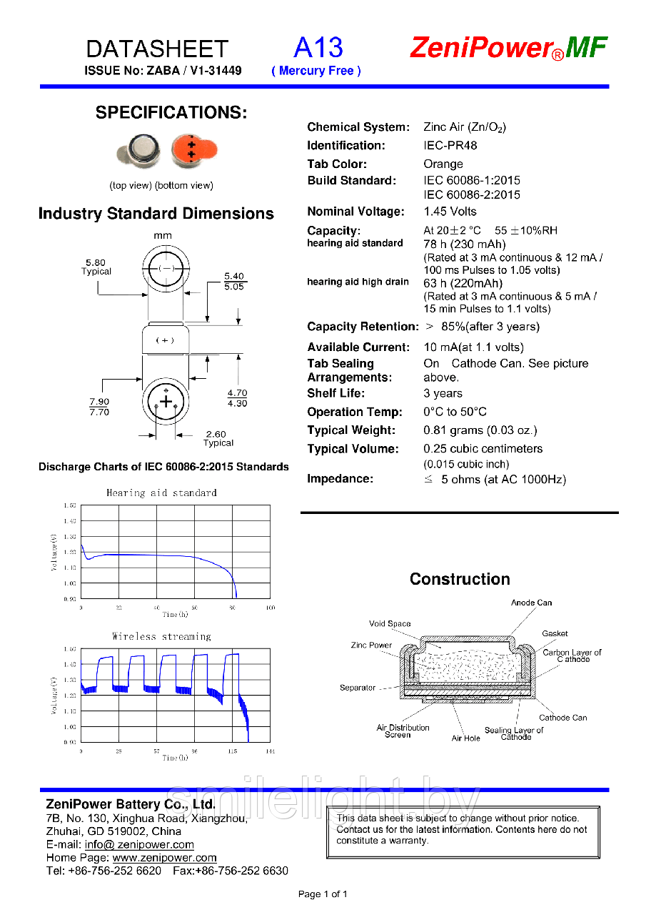 Слуховая батарейка Zenipower A13 - фото 2 - id-p66765630