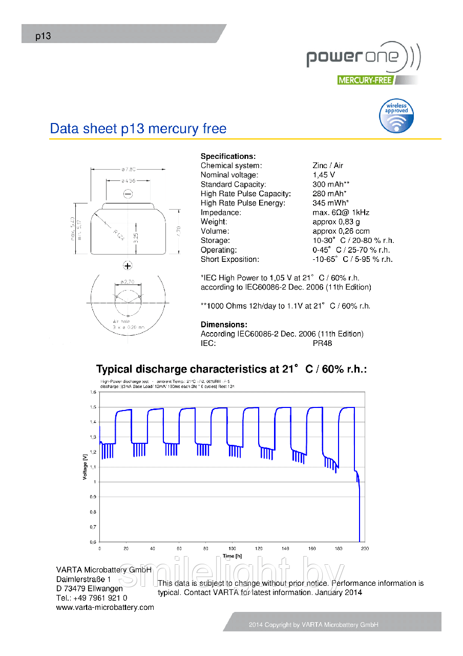 Слуховая батарейка PowerOne 13 bl.6 - фото 2 - id-p75380536