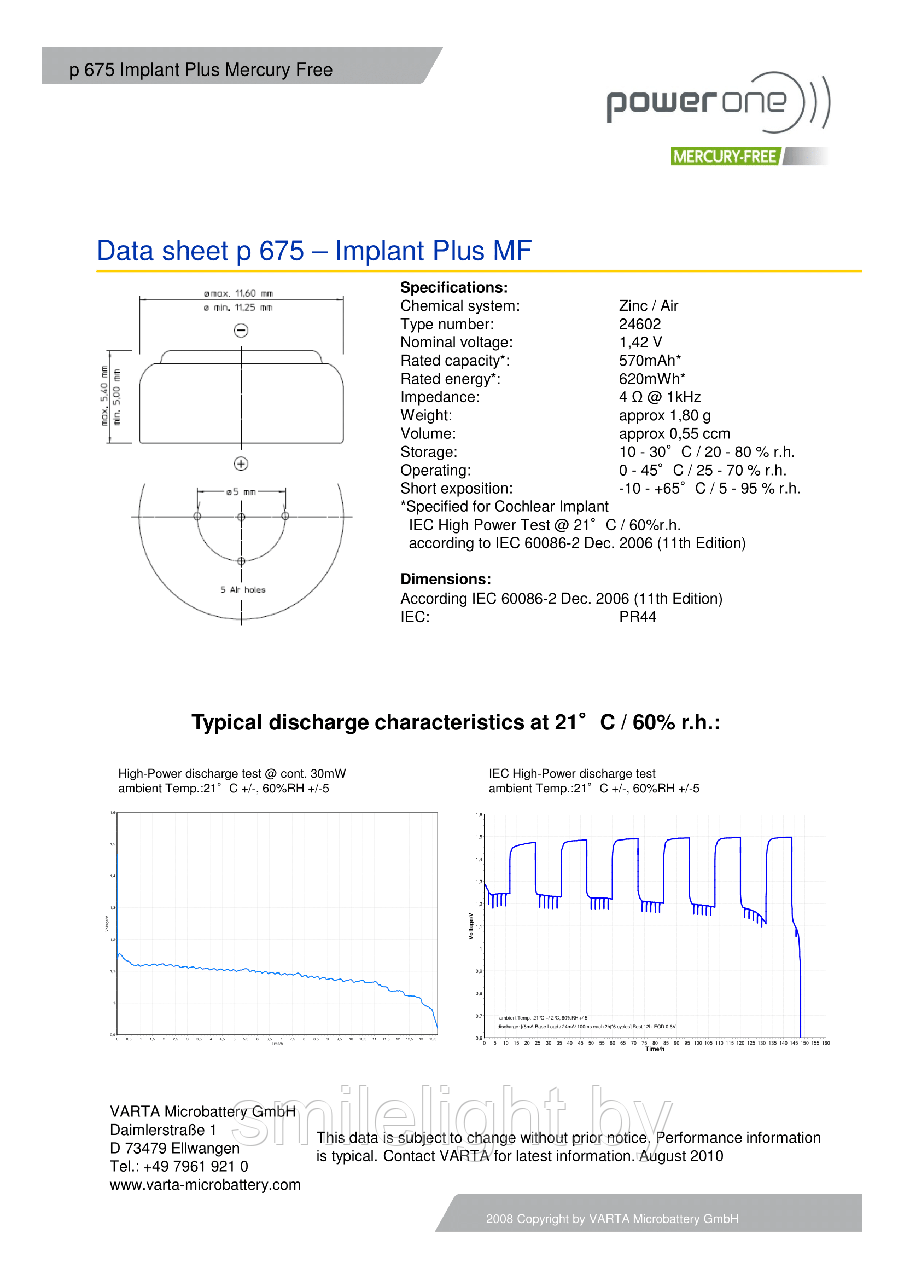 Слуховая батарейка PowerOne IMPLANT PLUS 675 bl.6 - фото 2 - id-p82436623