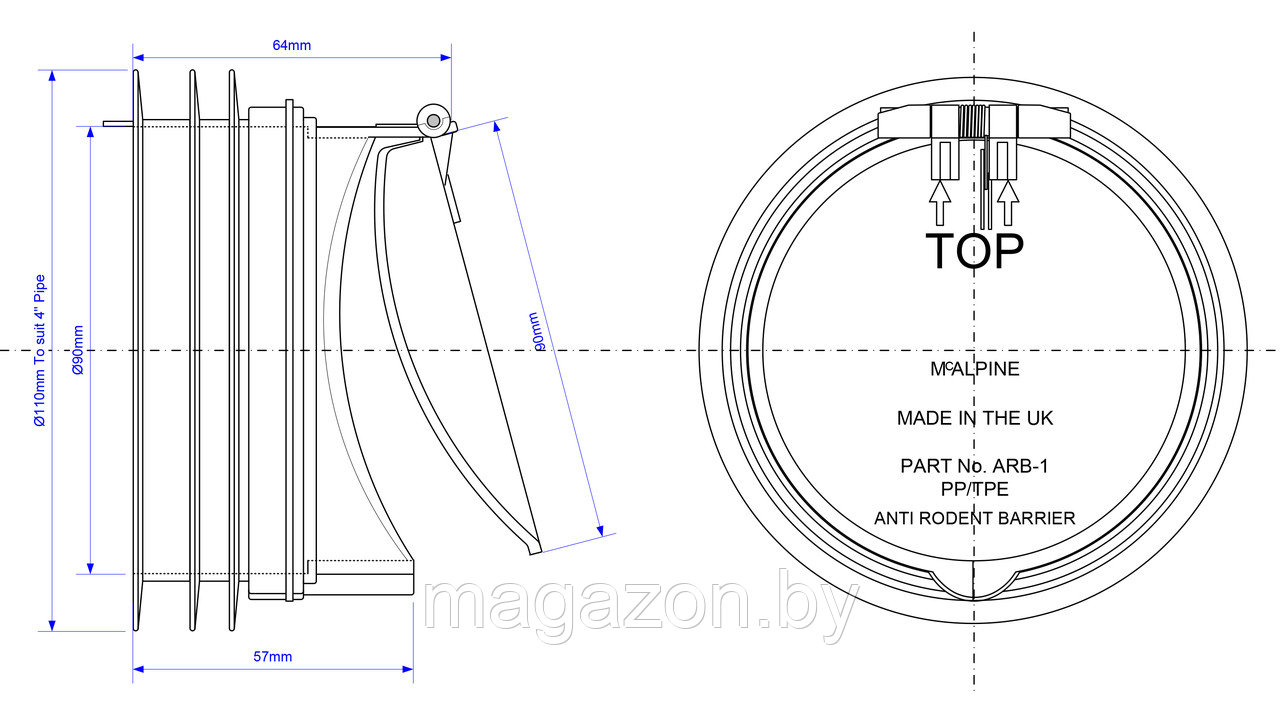 Обратный клапан анти-крыса McAlpine ARB-1, d=110 mm - фото 5 - id-p109234349