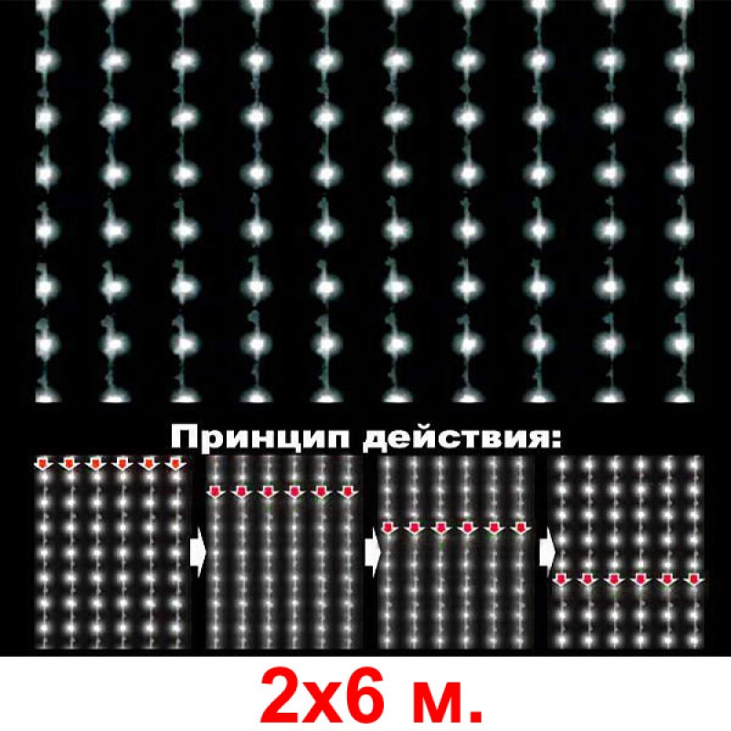 LED-световой занавес «Водопад», с основным кабелем, белый, 2х6м - фото 1 - id-p109301282