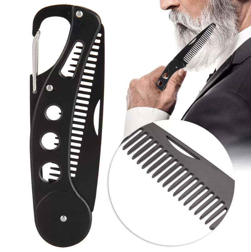 Металлическая карманная расческа для бороды и усов,в виде складного ножа ALIVER с карабином - фото 6 - id-p109436593
