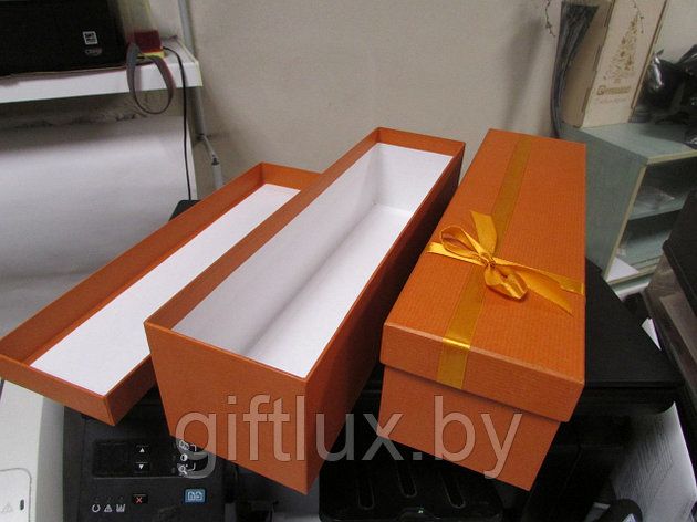 Коробка подарочная с бантом "Однотон" 9*9*33 см (под бутылку) оранжевый, фото 2