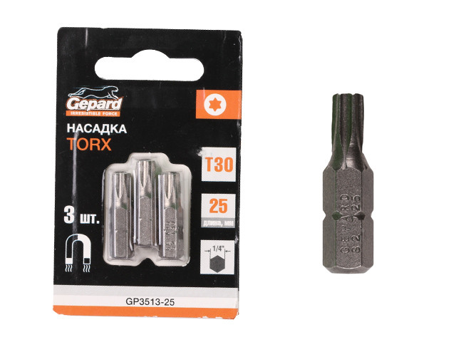 Насадка TORX T20 25мм 3шт GEPARD (GP3510-25) (бита звездочка шестилучевая звезда сталь S2 магнитная) - фото 1 - id-p109936634