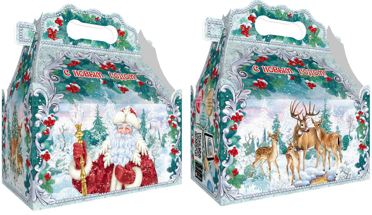 Новогодняя упаковка на 1,2 кг., для конфет и подарков "Дед Мороз на фоне природы" МГК