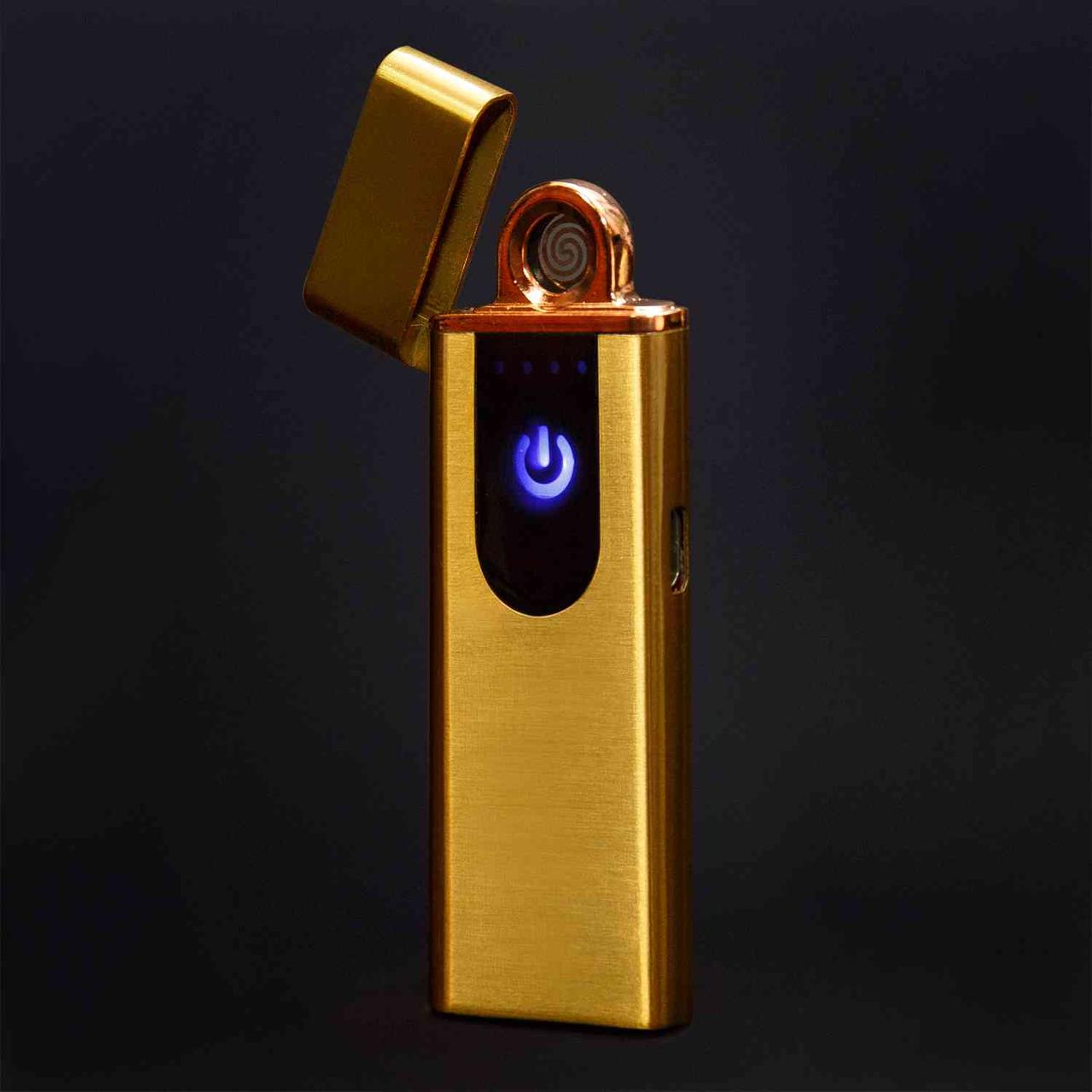 USB Зажигалка Lighter сенсорная с каймой Золотая полуокруглый дисплей - фото 2 - id-p110385363