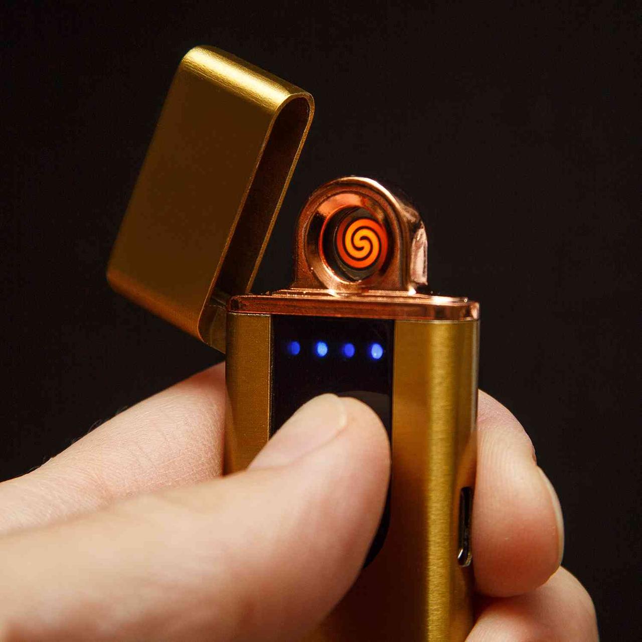 USB Зажигалка Lighter сенсорная с каймой Золотая полуокруглый дисплей - фото 3 - id-p110385363