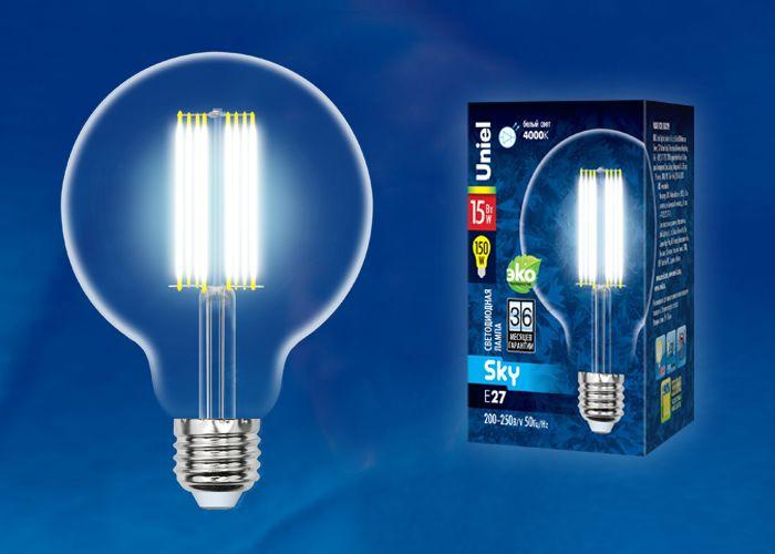 Ретро лампа Эдисона UNIEL LED-G95-15W/4000K/E27/CL PLS02WH  ПРОЗРАЧНАЯ КОЛБА