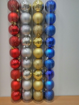 SD-6 Шары новогодние пластик 6 см (красный, золотой, синий, серебро) 12 шт. в тубе - фото 1 - id-p110779625