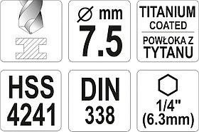Сверло по металлу HSS-TiN 7,5мм с хвостовиком HEX ( 1 шт.) "Yato" YT-44767, фото 3