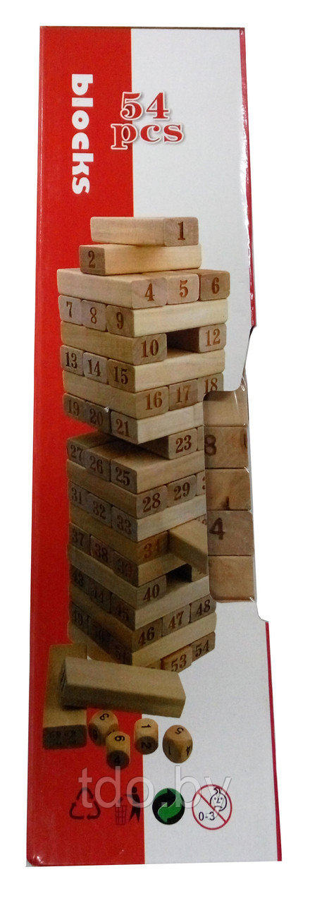 Игра настольная БАШНЯ (54 блока + 4 кубика)