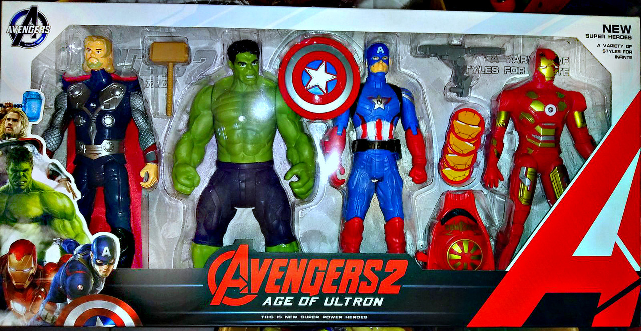 Игровой набор Мстителей 4 героя(Тор, Халк, Капитан Америка, Железный Человек) + щит капитана америка - фото 1 - id-p111094935