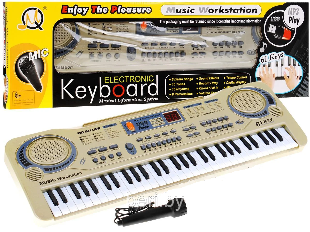 MQ811 USB Синтезатор пианино, 61 клавиша, микрофон, MP3, работает от сети