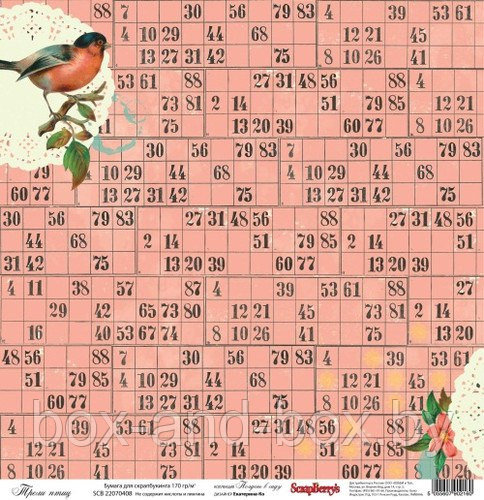 Бумага для скрапбукинга 30х30см 170 гр/м односторонняя Трели птиц 1 шт 