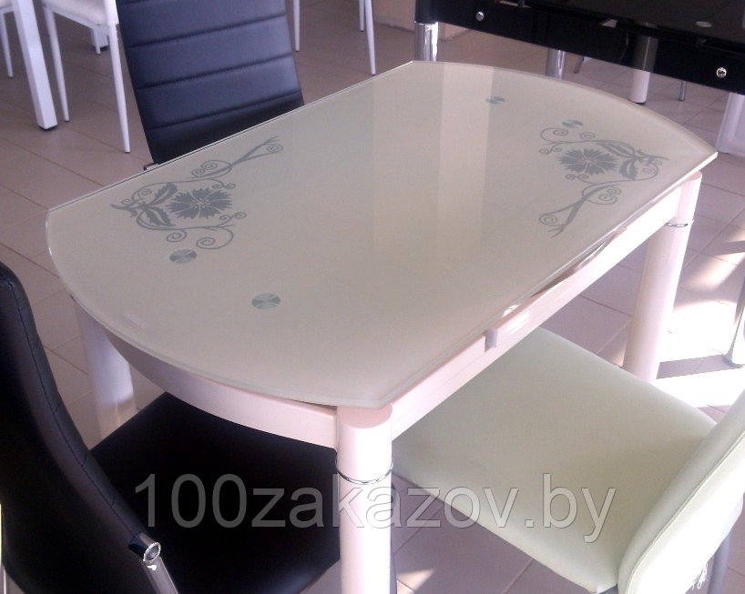 Стеклянный раздвижной стол 595*980. Обеденный стол трансформер 6069-2 белый с цветами - фото 2 - id-p5794906