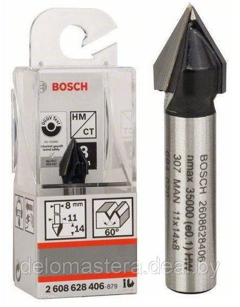 Фреза пазовая Bosch Professional V-обр, 2 лезвия, хв-8мм, ф11мм, длина-14мм, угол 60гр 2608628406 - фото 1 - id-p93136661