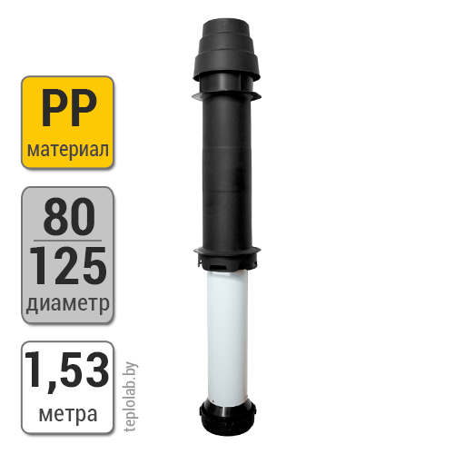 Вертикальный проход через крышу Vaillant DN80/125 PP, 1,53 м, черный