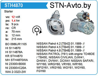 Стартер STH4870YJ NISSAN Patrol