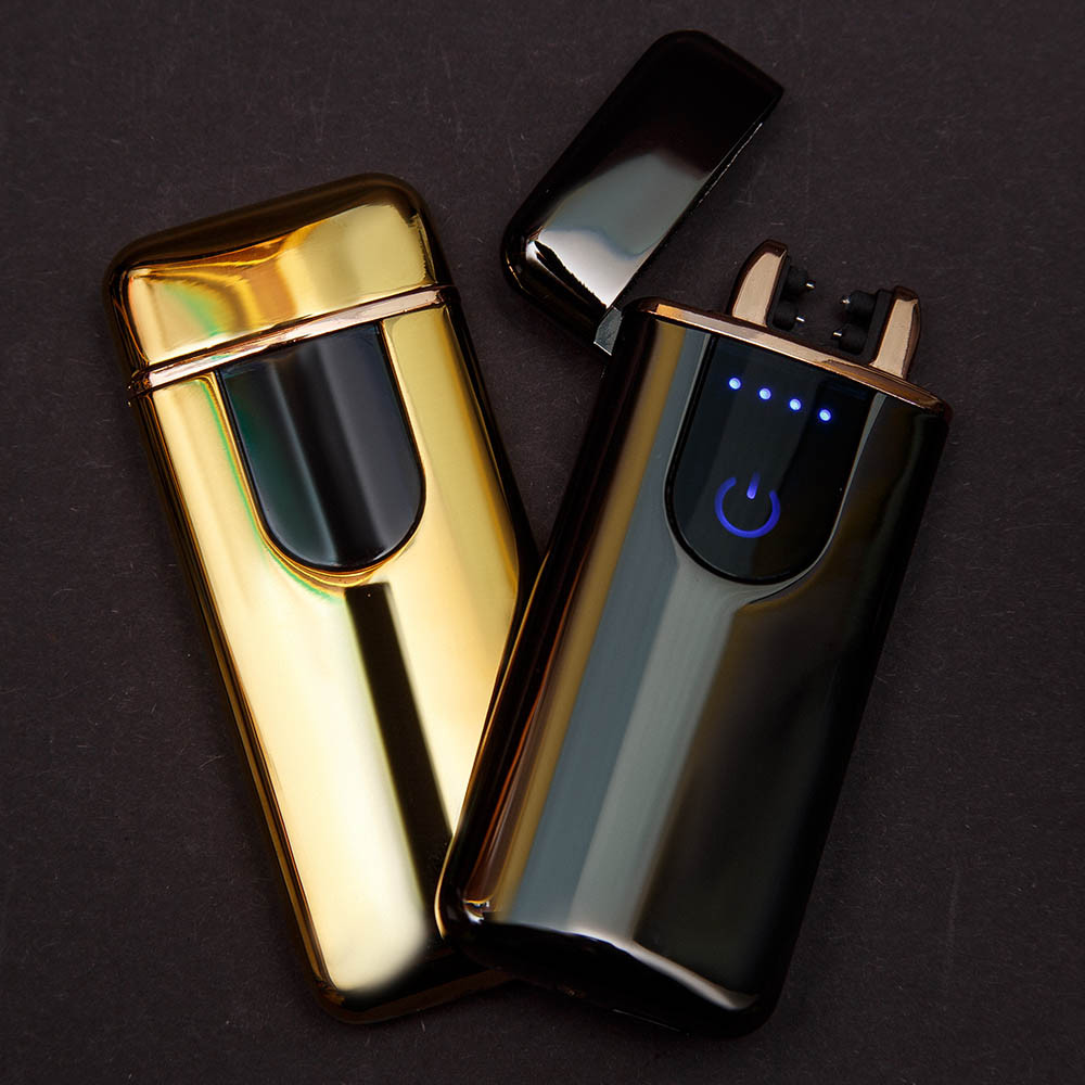 Импульсная зажигалка двойная сенсорная с золотой каймой Глянцевая в ассортименте - фото 4 - id-p111634090