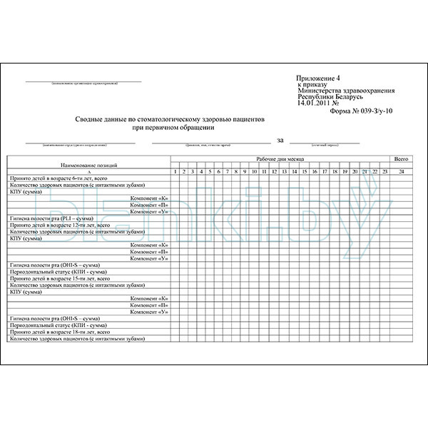 Сводные данные по стоматол. здоровью пациентов при первичном обращении  Форма № 039-З/у-10