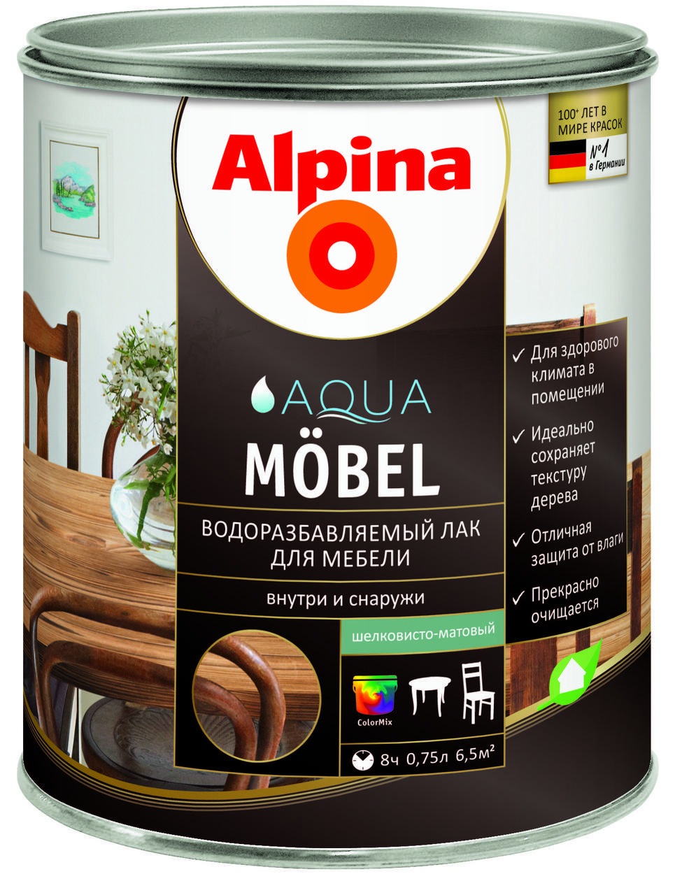 Мебельный лак, Alpina Aqua Moebel, Аква Мебель, глянцевый 750 мл Германия.