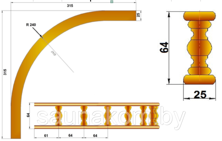 Балюстрада мебельная угловая из берёзы R 240 с балясиной 48 мм - фото 2 - id-p111786038