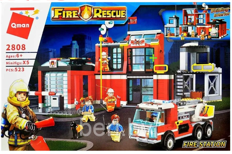 2808 Конструктор Qman "Пожарный участок" , аналог Лего LEGO, 523 детали, машина, фигурки - фото 7 - id-p111921128