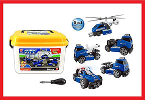 QL6501S-4 Набор машинок "Полиция", конструктор с инструментами, машинки, 5 в 1, 54 предмета, с отверткой, свет