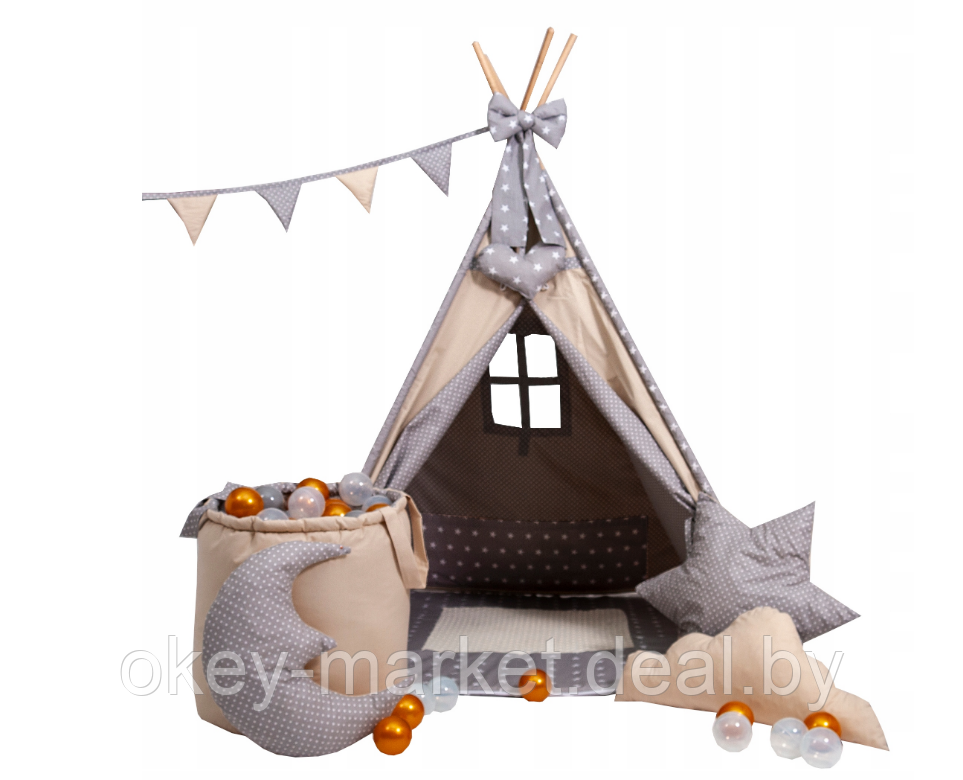 Детский вигвам Tipi все включено ( бежево-серый ) 4631 - фото 1 - id-p112102054