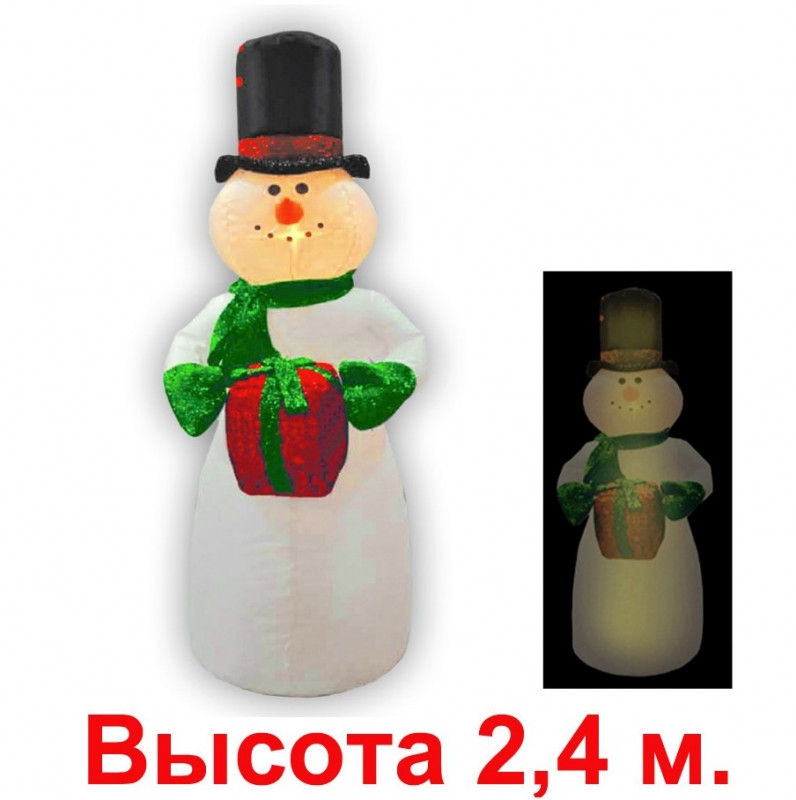 Надувная фигура «Снеговик в цилиндре с блестящим подарком», 2.4м - фото 1 - id-p112121431