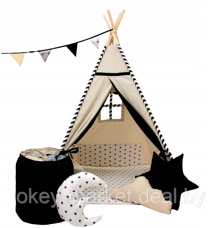 Детский вигвам Tipi все включено (бежево черная ) 4634 - фото 1 - id-p112336125