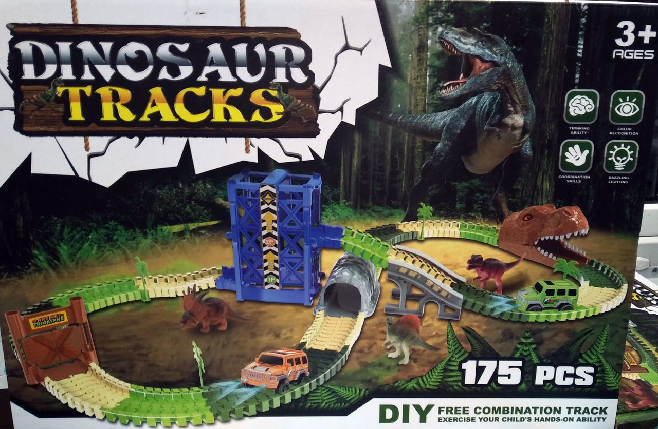 Гоночная трасса Magic Tracks Dinosaur tracks с лифтом, мостом, тоннелем и воротами - фото 1 - id-p89546698