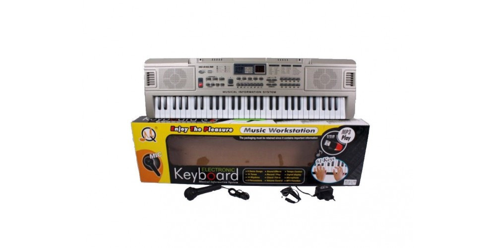 Детский синтезатор, 61 клавиша, с микрофоном и USB , работает от батареек, от сети , арт.MQ816-USB