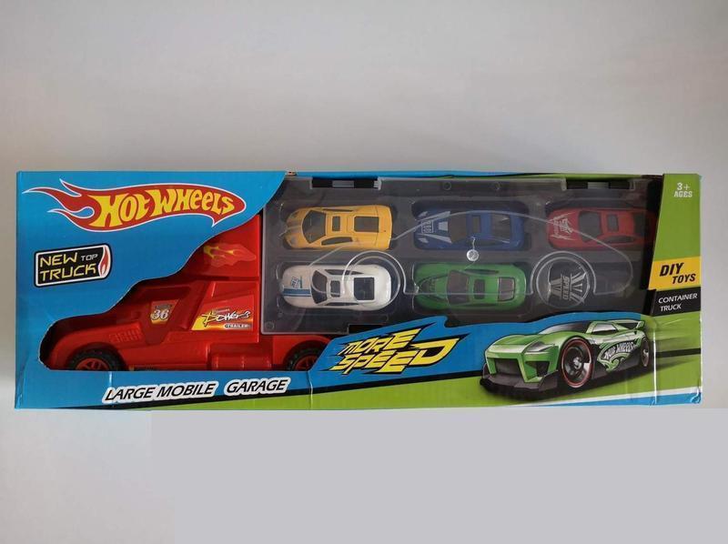 Фура, автовоз, трейлер Hot Wheels SC92-3, грузовик с инерционными машинками 6 шт, игровой набор, Хот Вилс - фото 1 - id-p112755557