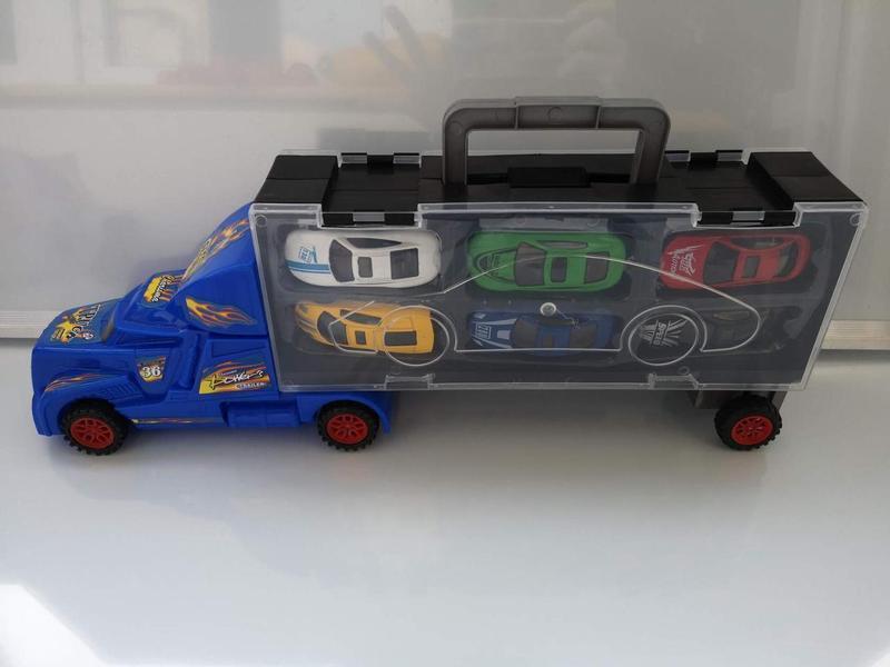 Фура, автовоз, трейлер Hot Wheels SC92-3, грузовик с инерционными машинками 6 шт, игровой набор, Хот Вилс - фото 2 - id-p112755557