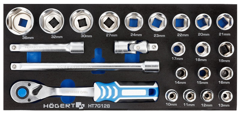 Набор инструментов с трещоткой 1/2", 23 шт., ложемент EVA HOEGERT HT7G128